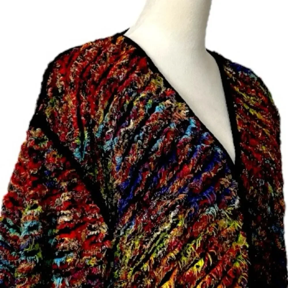 Yak Magik Sweater Cardigan Open Front Black Orange Multi Women’s Size Medium
